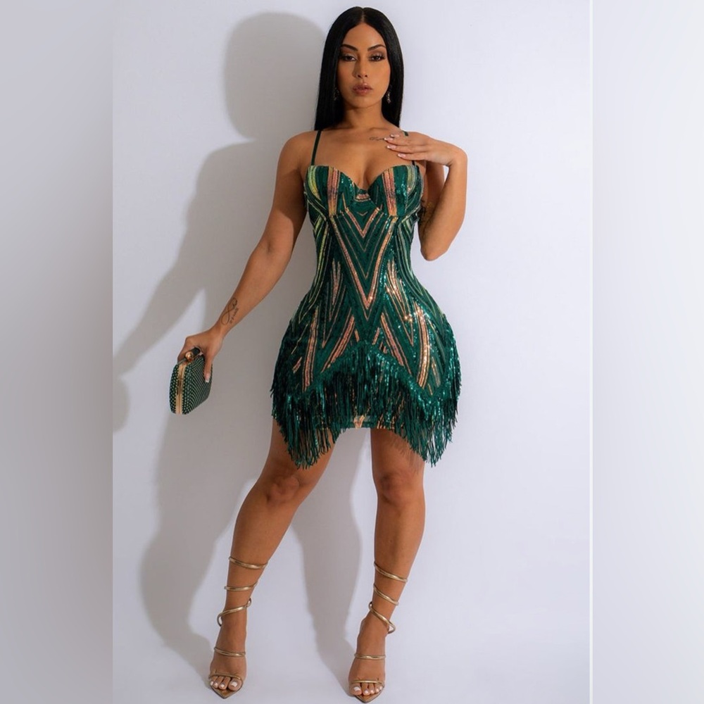 Sequin Pattern Irregular Fringed Hem Cocktail Party Slip Mini Dresses